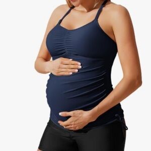 Maacie Maternity Athletic Tankini Swim Top Ruched Blue XL